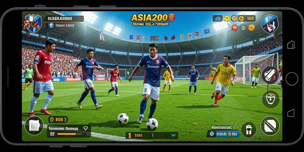 Tangkapan layar gameplay ASIA200 yang menampilkan aksi seru di lapangan sepak bola.