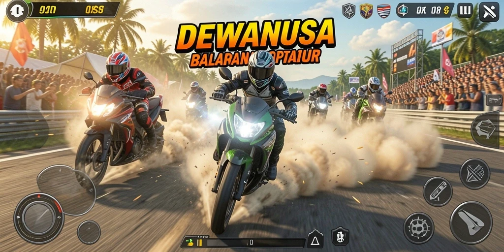 Screenshot DEWANUSA menunjukkan balapan motor penuh aksi di trek yang menchallenging.
