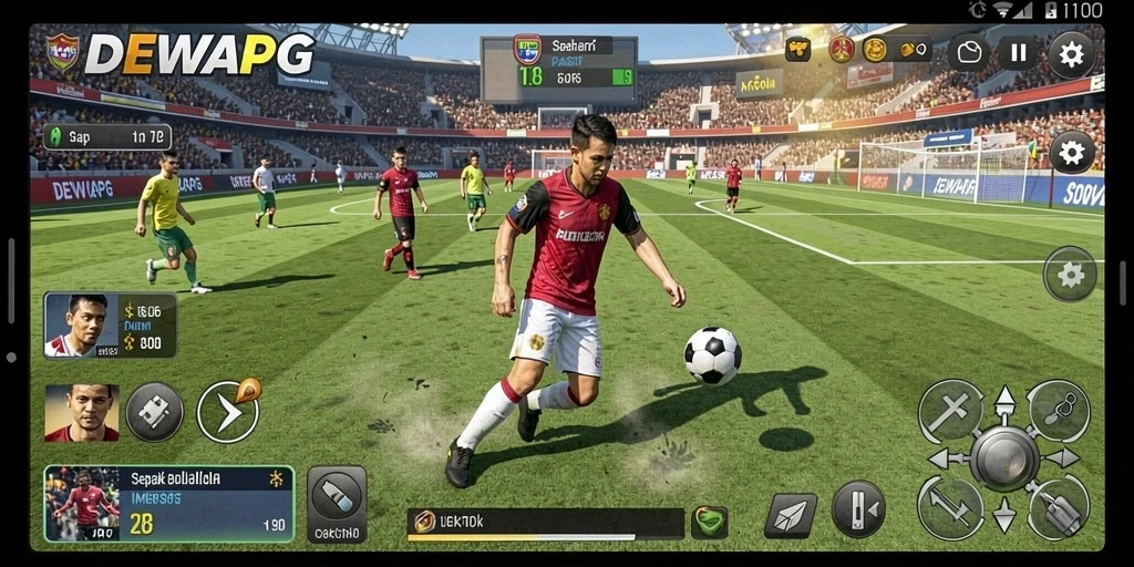 Tangkapan layar gameplay DEWAPG yang menampilkan aksi sepak bola mendebarkan.