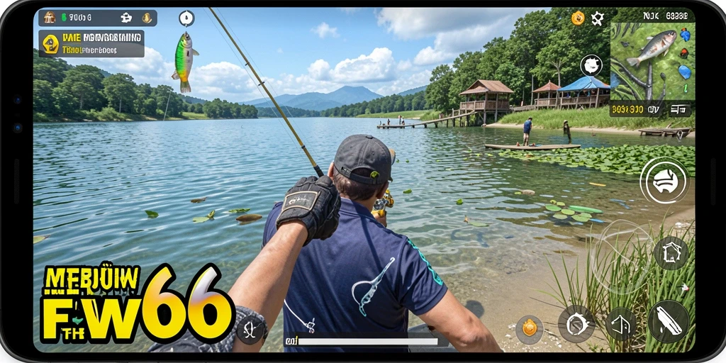 Screenshot FW66 menampilkan pemain sedang memancing dengan latar belakang alam yang indah.