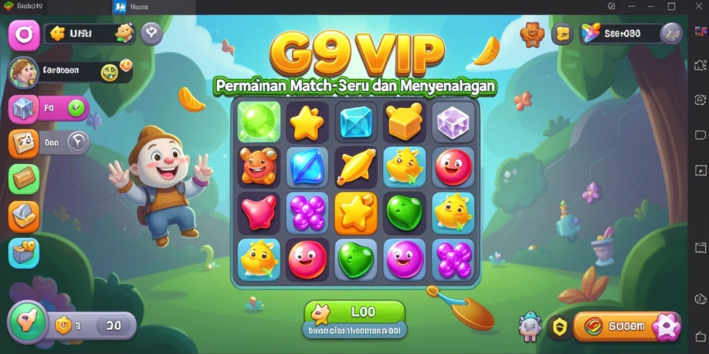 Tampilan gameplay G9VIP dengan kombinasi warna cerah dalam permainan Match-3.