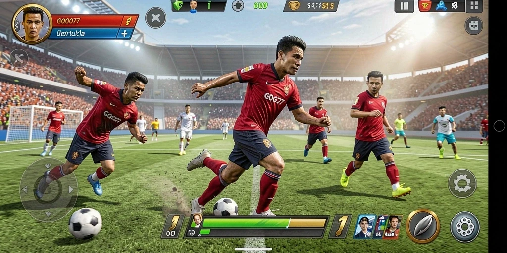 Screenshot game GOGO77 menunjukkan aksi seru di lapangan olahraga.