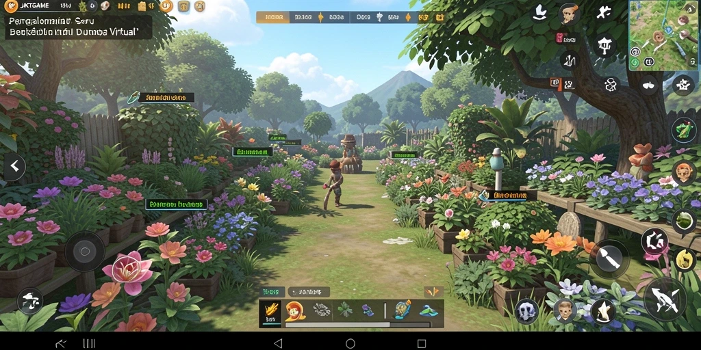 Gameplay JKTGAME dengan kebun yang subur dan hewan ternak.