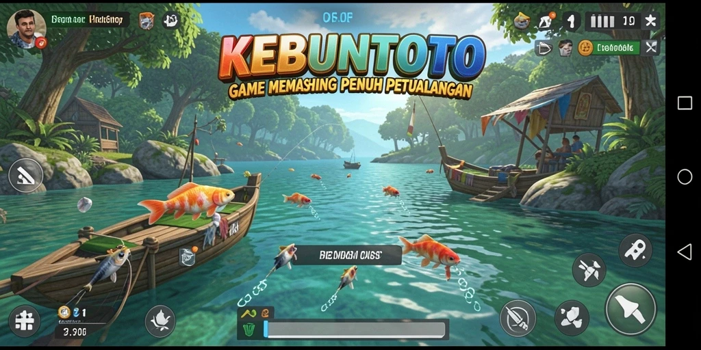 Screenshot utama KEBUNTOTO menampilkan aksi memancing yang mengasyikkan di lautan biru.