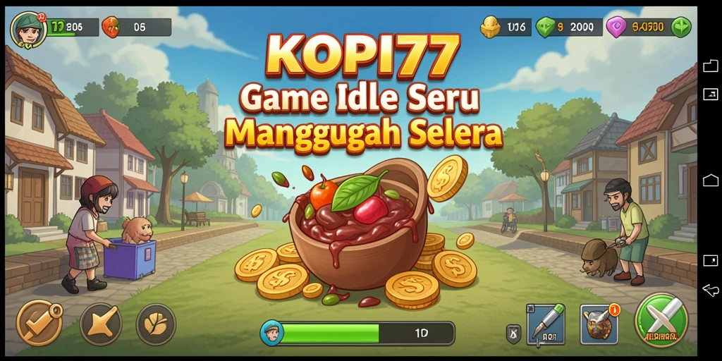 Tampilan gameplay KOPI77 dengan visual menarik dan kedai kopi yang ramai.