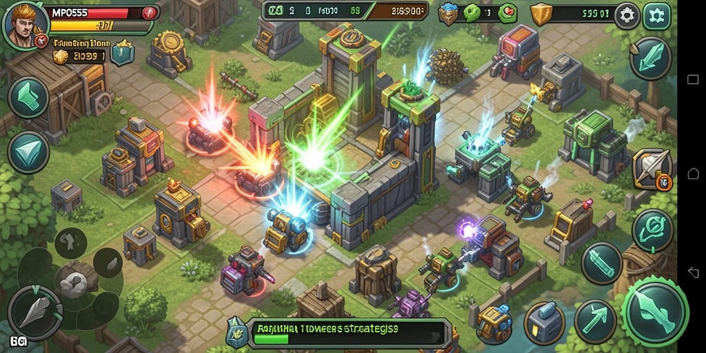 Gameplay MPO555 menampilkan pertarungan menara strategis melawan gelombang musuh.