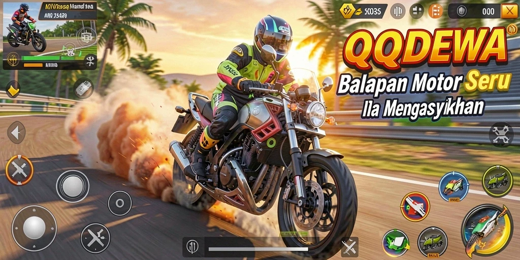 Screenshot utama QQDEWA menampilkan akselerasi motor balap yang mendebarkan.